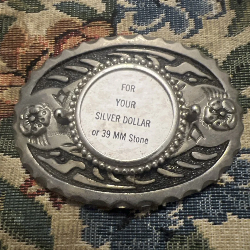 Vintage Western Belt Buckle Silver Tone for Silver Dollar 39mm Stone NOS USA